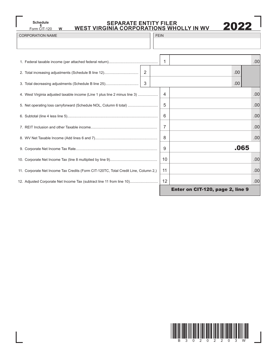 Form CIT-120 Schedule 1 Separate Entity Filer West Virginia Corporations Wholly in West Virginia - West Virginia, Page 1