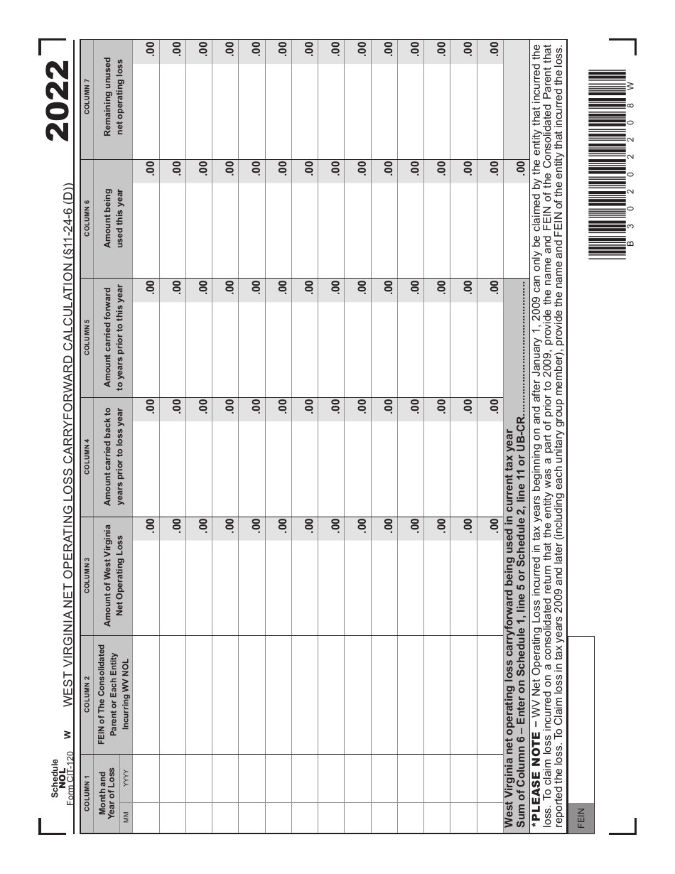 Form CIT-120 Schedule NOL Net Operating Loss Carry-Forward Calculation - West Virginia, Page 1