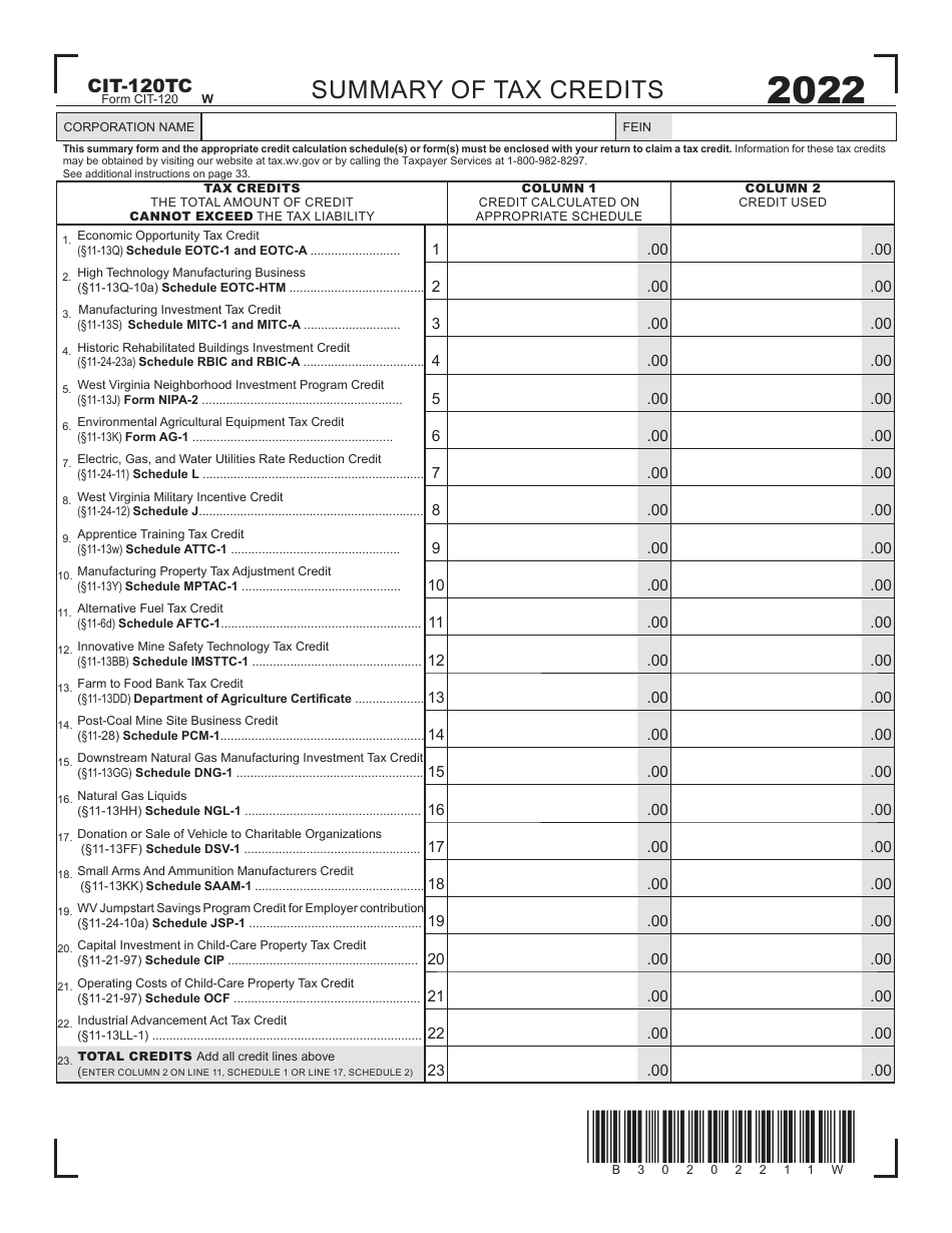 Form CIT-120TC Summary of Tax Credits - West Virginia, Page 1