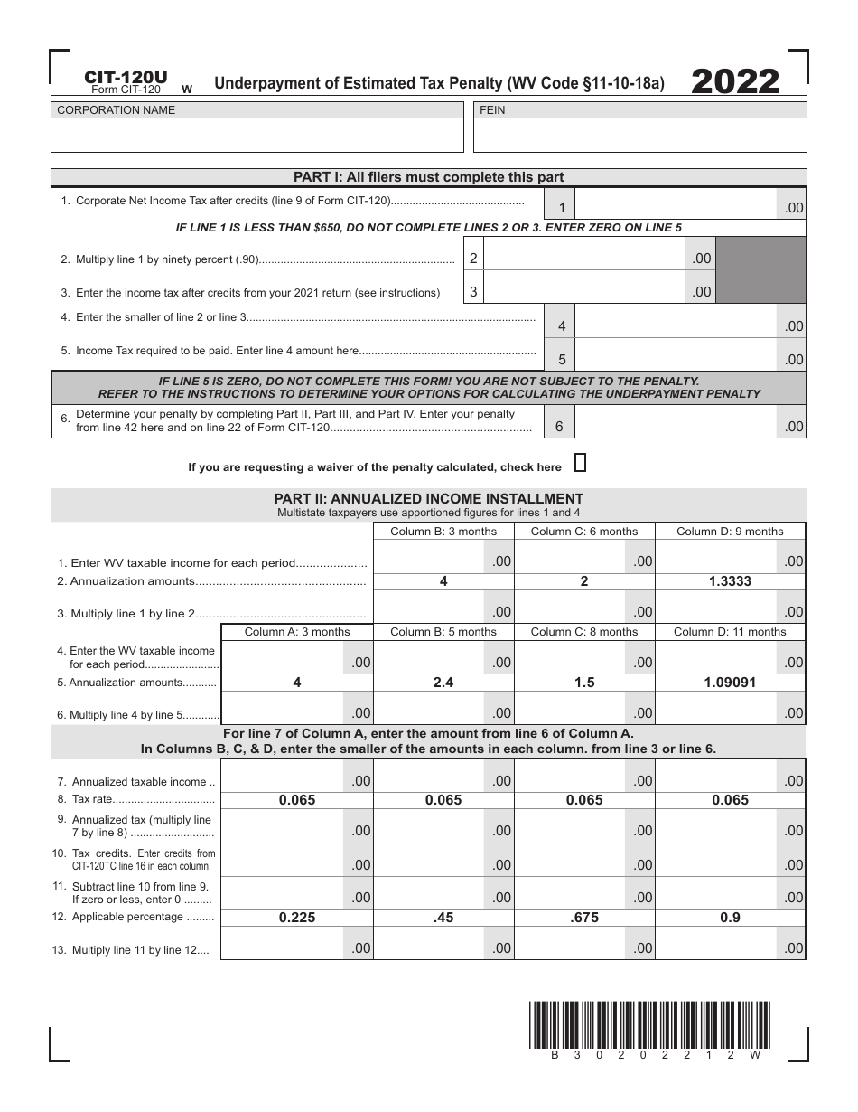 Form CIT-120U Underpayment of Estimated Tax Penalty - West Virginia, Page 1