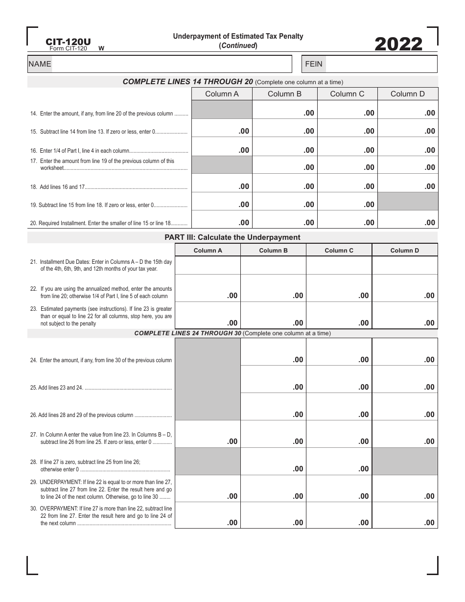 Form CIT120U Download Printable PDF or Fill Online Underpayment of