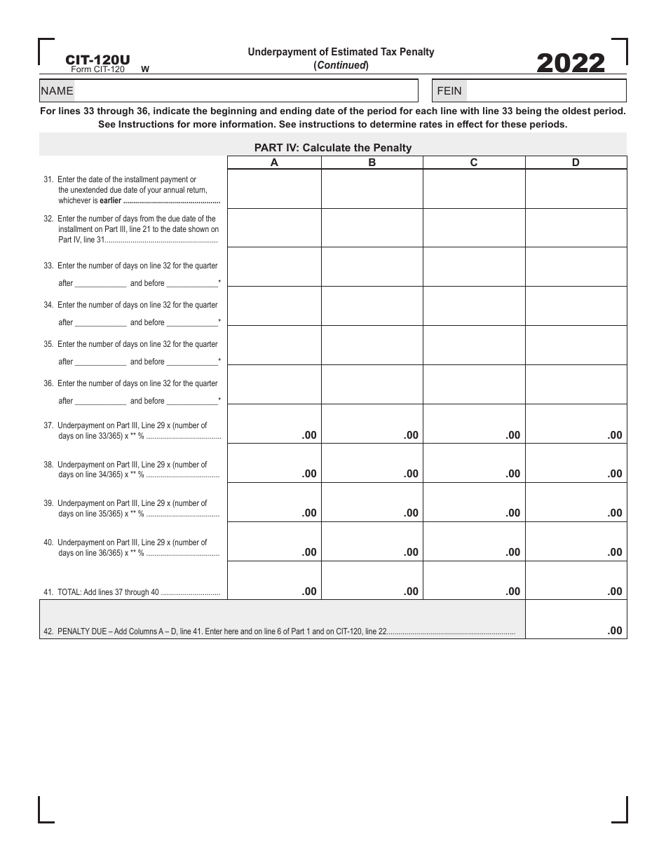 Form CIT120U Download Printable PDF or Fill Online Underpayment of