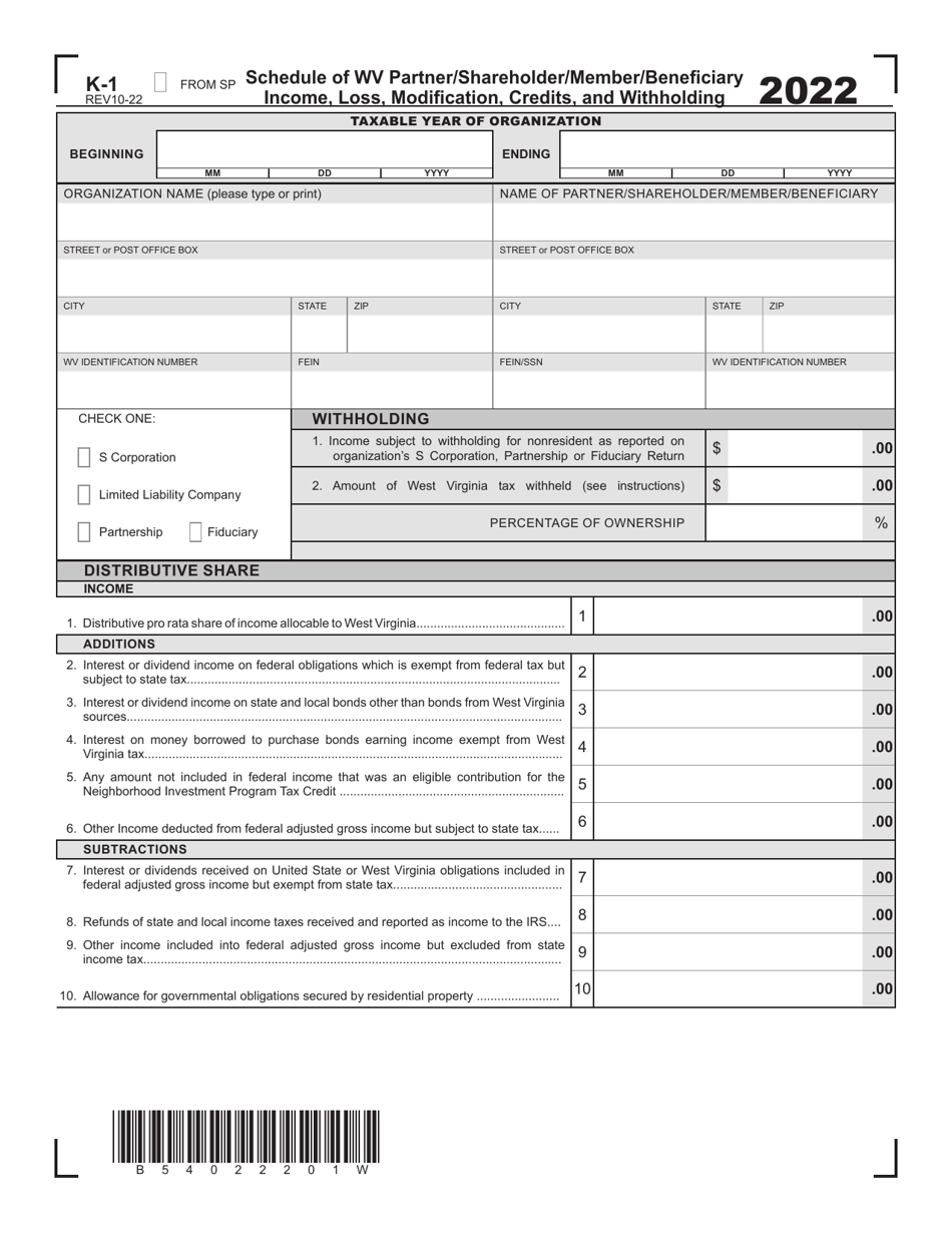 Form K-1 Schedule of Wv Partner / Shareholder / Member / Beneficiary Income, Loss, Modification, Credits, and Withholding - West Virginia, Page 1