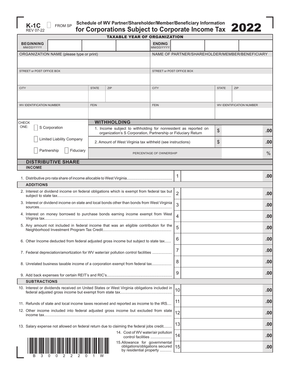 Form K-1C Schedule of Wv Partner / Shareholder / Member / Beneficiary Information for Corporations Subject to Corporate Income Tax - West Virginia, Page 1