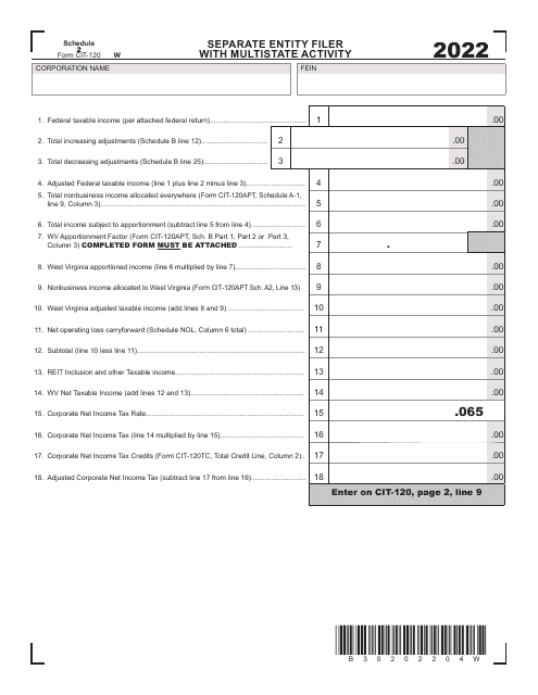 Form CIT-120 Schedule 2 2022 Printable Pdf