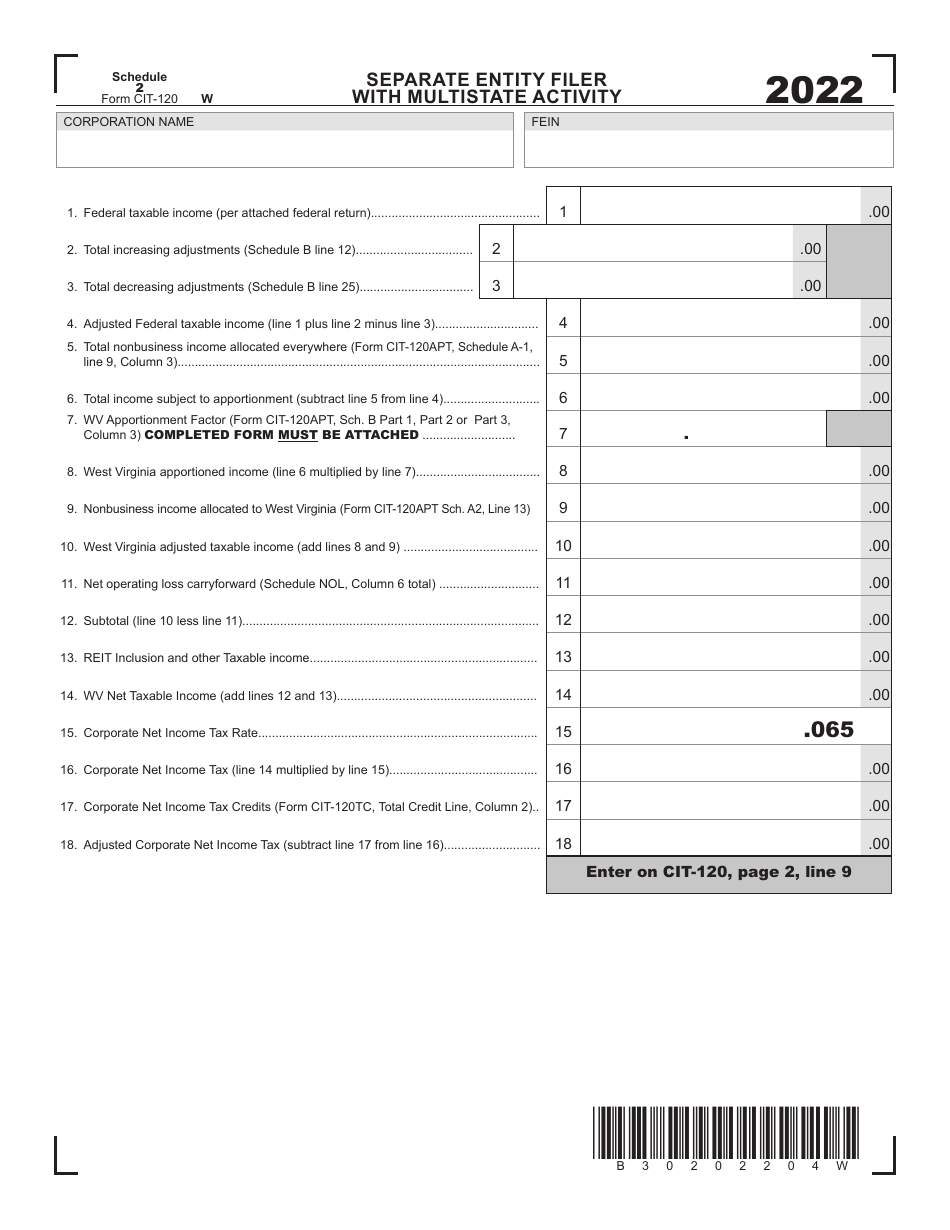 Form CIT-120 Schedule 2 Separate Entity Filer With Multistate Activity - West Virginia, Page 1