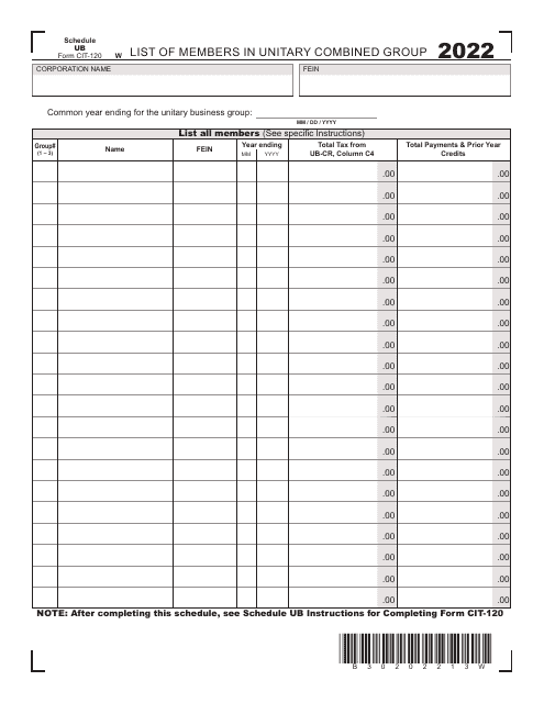 Form CIT-120 Schedule UB 2022 Printable Pdf