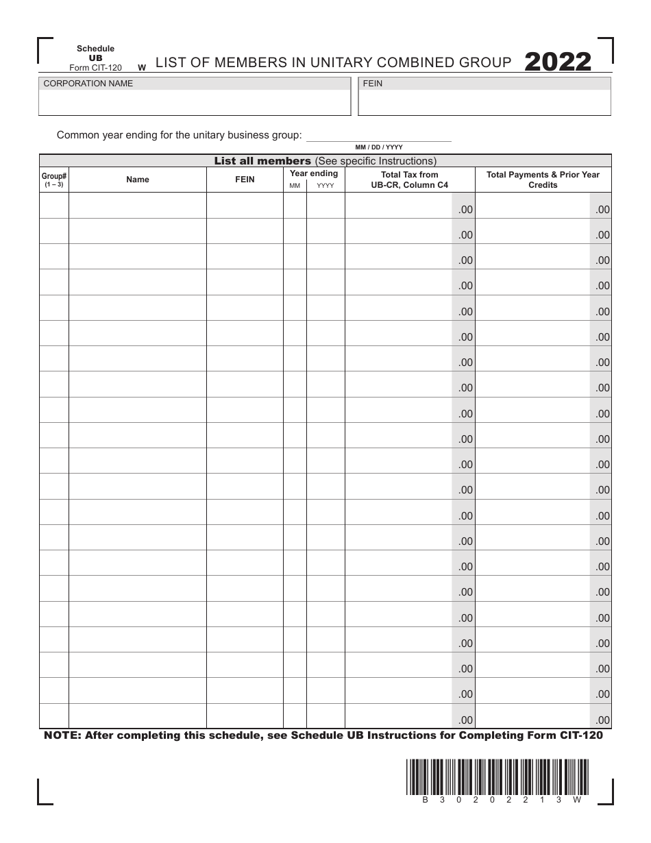 Form CIT120 Schedule UB Download Printable PDF or Fill Online List of