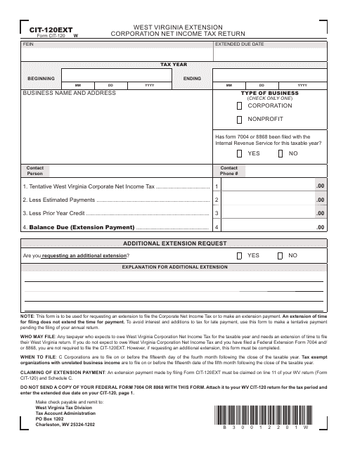 Form CIT-120EXT West Virginia Extension Corporation Net Income Tax Return - West Virginia