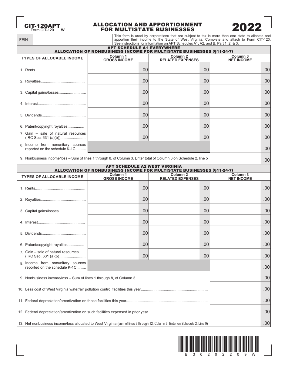 Form CIT-120APT Allocation and Apportionment for Multistate Businesses - West Virginia, Page 1