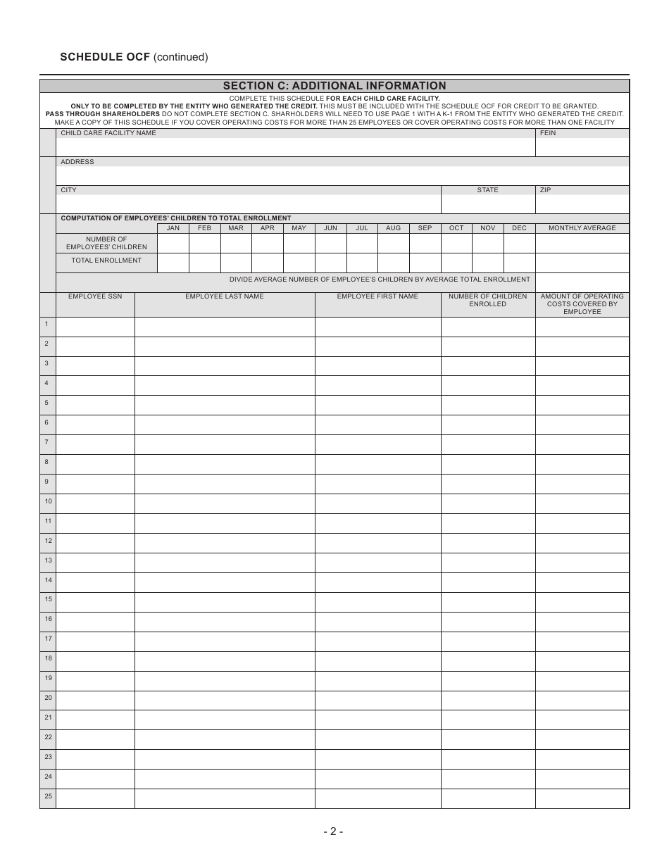 Schedule OCF West Virginia Credit for Operating Costs of Child-Care Facility - West Virginia, Page 2