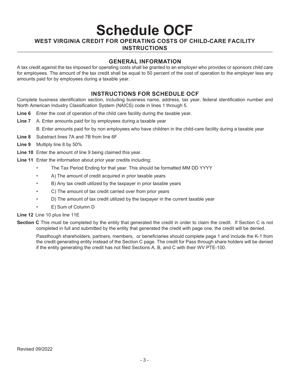 Schedule OCF West Virginia Credit for Operating Costs of Child-Care Facility - West Virginia, Page 3