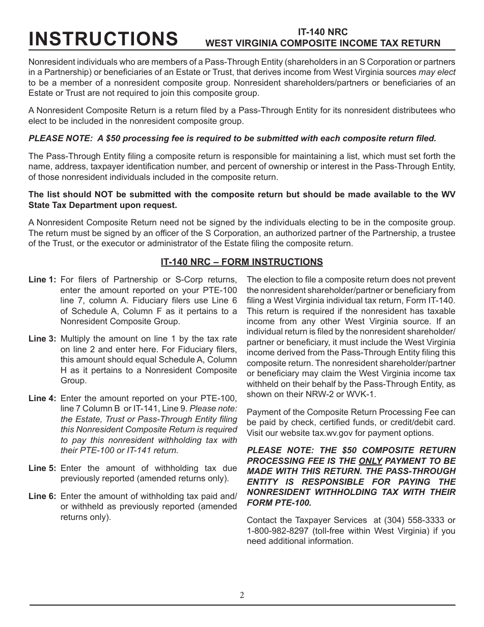 Form IT-140 NRC West Virginia Nonresident Composite Return - West Virginia, Page 2