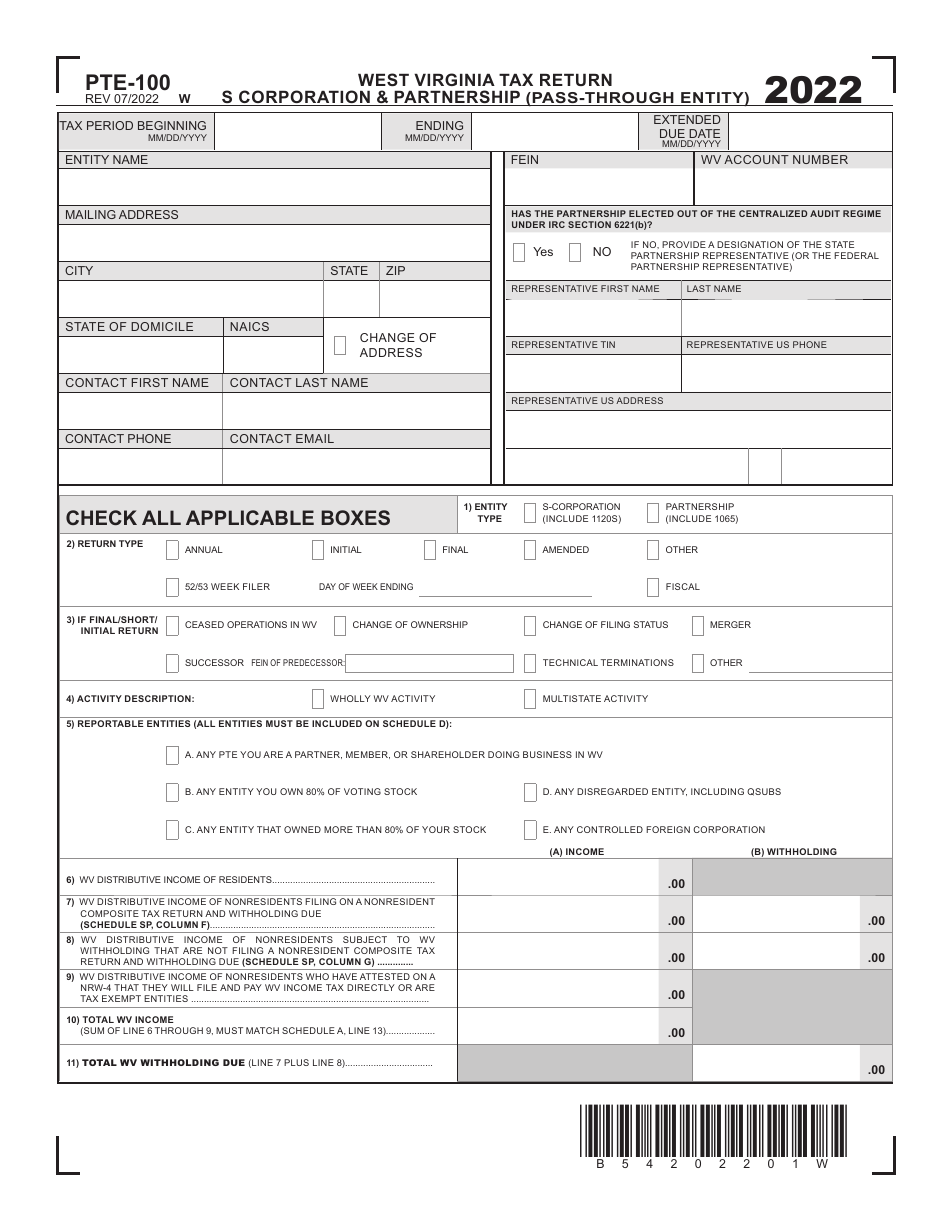 Form PTE-100 West Virginia Income Tax Return S Corporation and Partnership (Pass-Through Entity) - West Virginia, Page 1