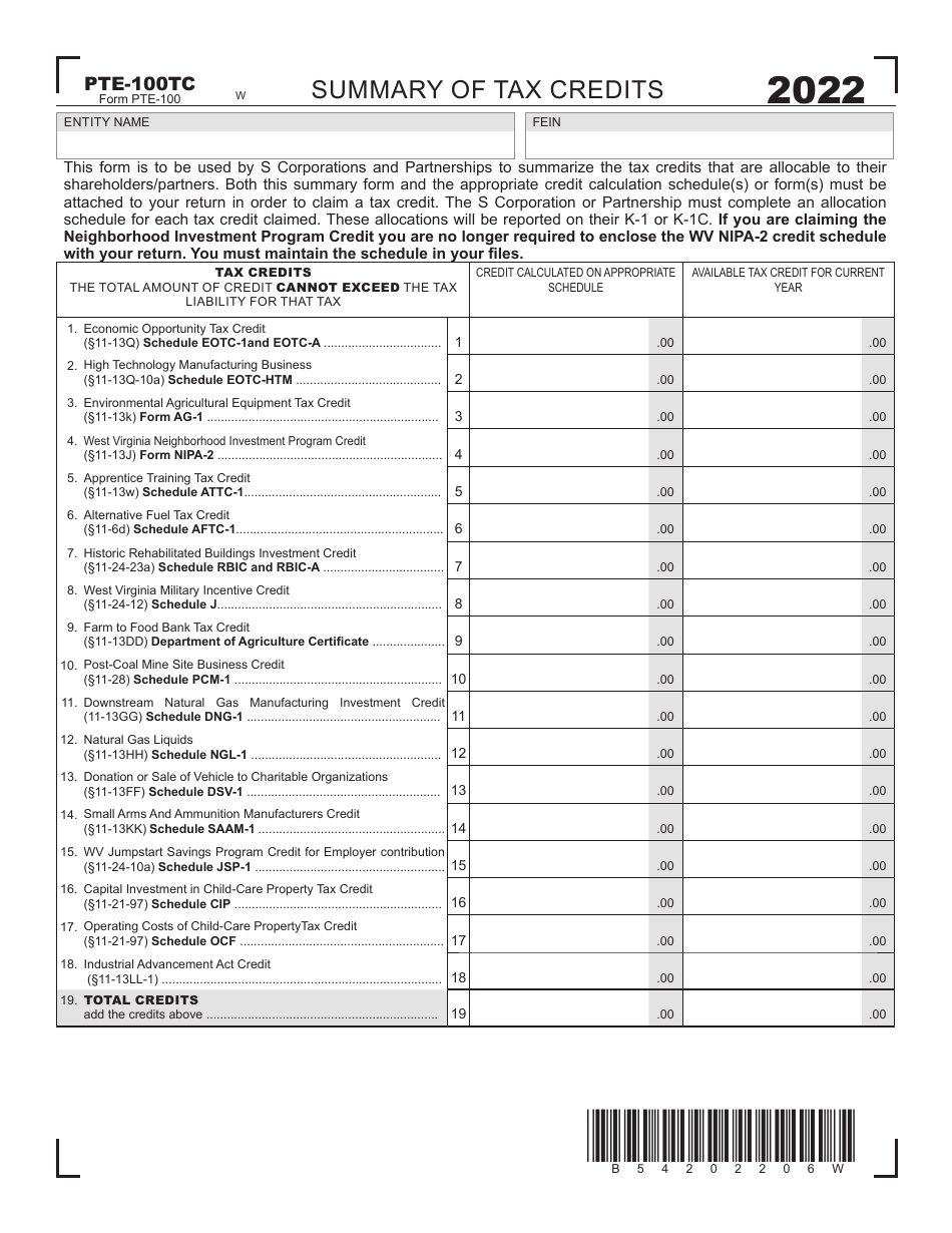 Form PTE-100TC Summary of Tax Credits - West Virginia, Page 1