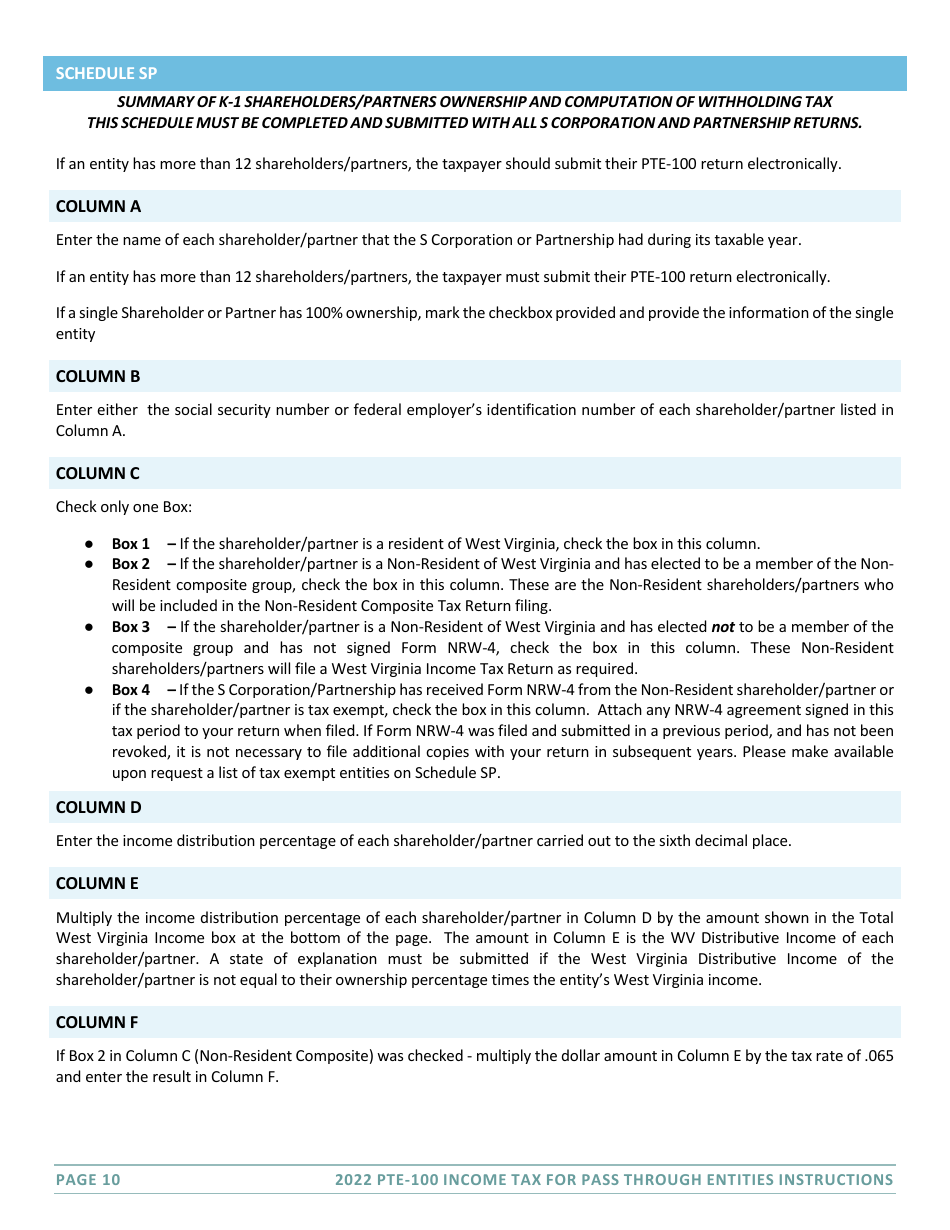 Instructions for Form PTE-100 West Virginia Tax Return - S Corporation  Partnership (Pass-Through Entity) - West Virginia, Page 10