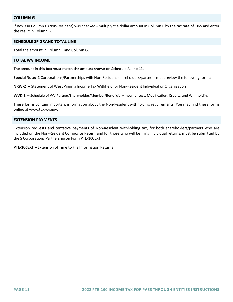 Instructions for Form PTE-100 West Virginia Tax Return - S Corporation  Partnership (Pass-Through Entity) - West Virginia, Page 11
