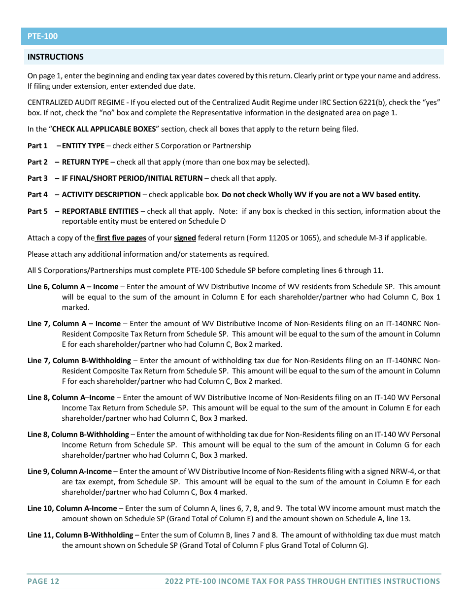 Instructions for Form PTE-100 West Virginia Tax Return - S Corporation  Partnership (Pass-Through Entity) - West Virginia, Page 12