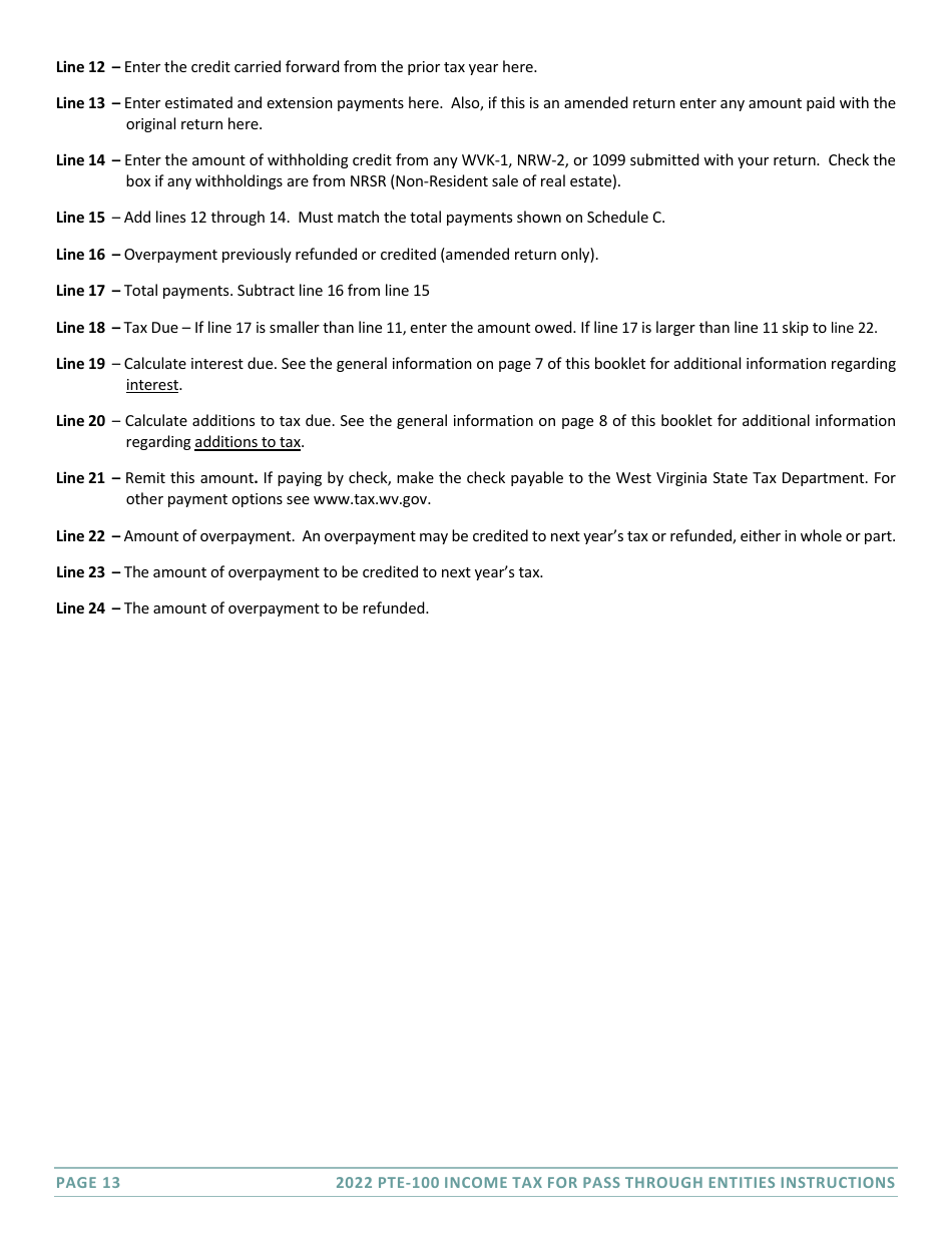 Instructions for Form PTE-100 West Virginia Tax Return - S Corporation  Partnership (Pass-Through Entity) - West Virginia, Page 13