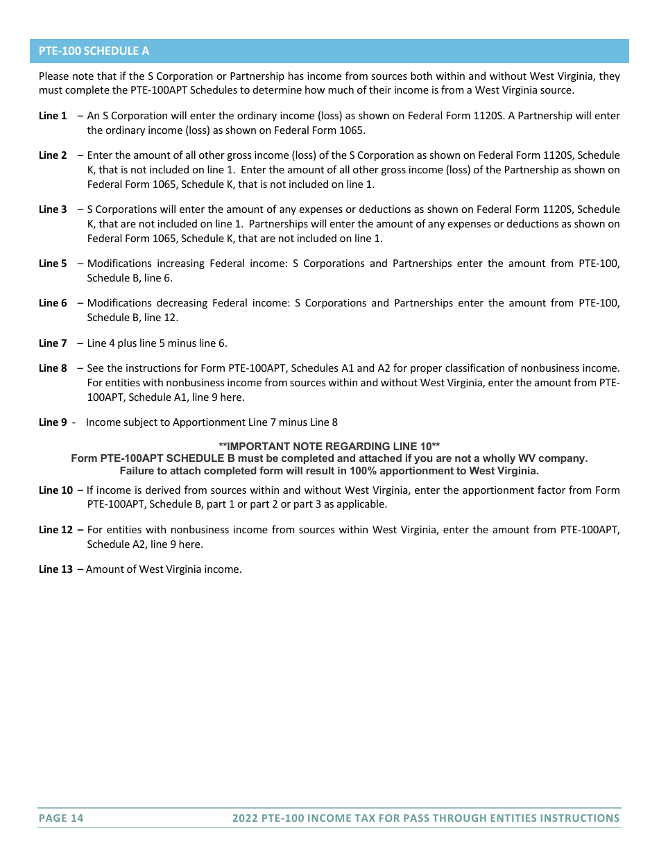 Instructions for Form PTE-100 West Virginia Tax Return - S Corporation  Partnership (Pass-Through Entity) - West Virginia, Page 14