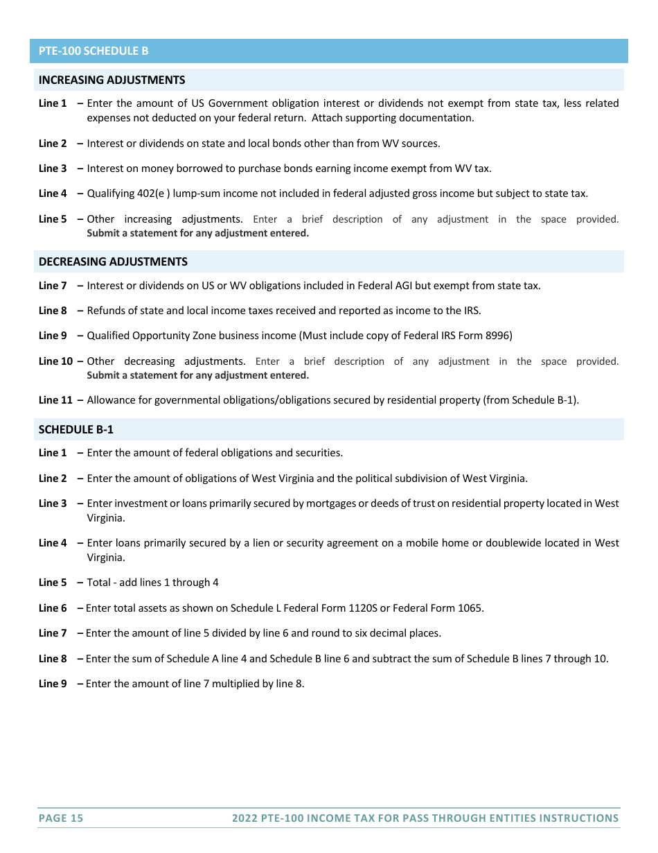 Instructions for Form PTE-100 West Virginia Tax Return - S Corporation  Partnership (Pass-Through Entity) - West Virginia, Page 15