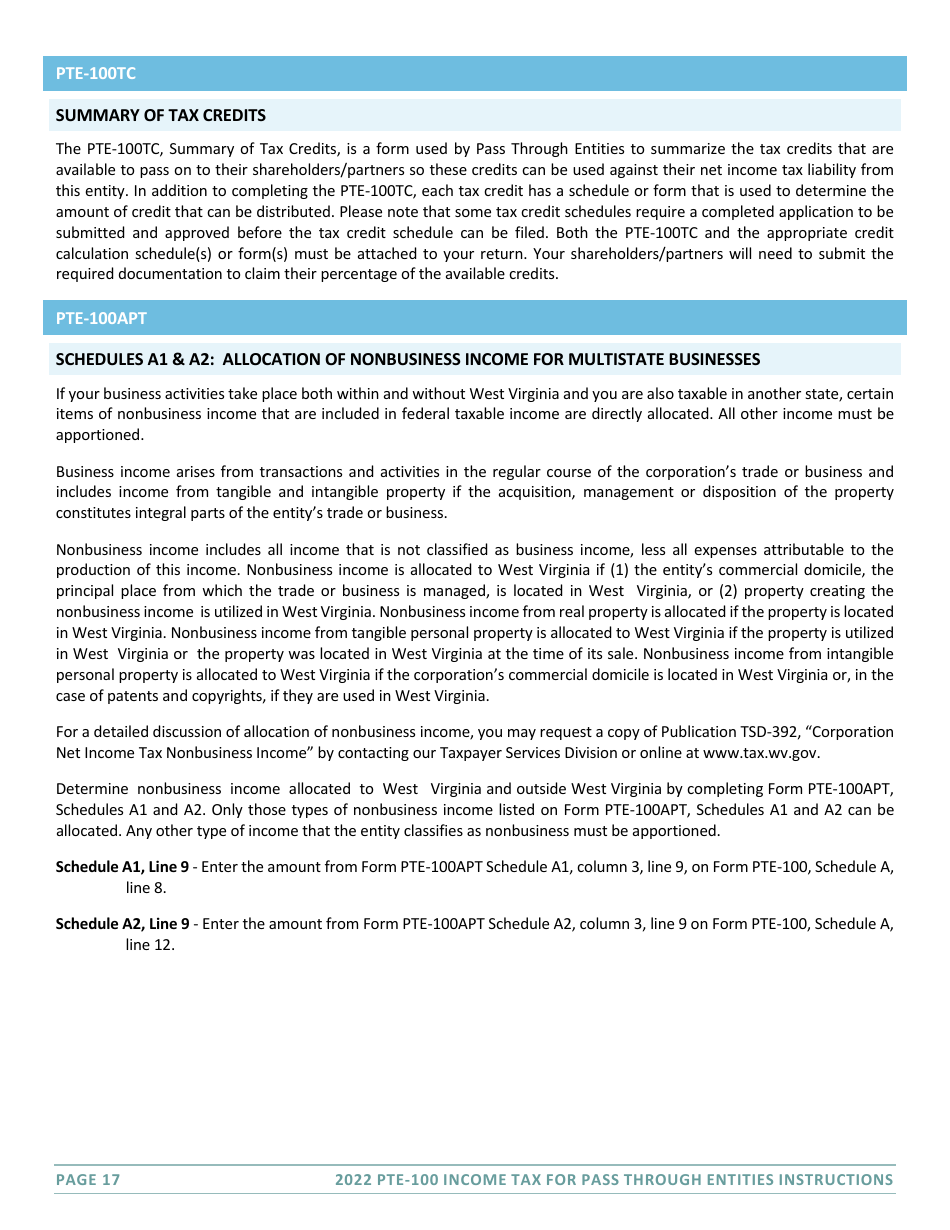 Instructions for Form PTE-100 West Virginia Tax Return - S Corporation  Partnership (Pass-Through Entity) - West Virginia, Page 17