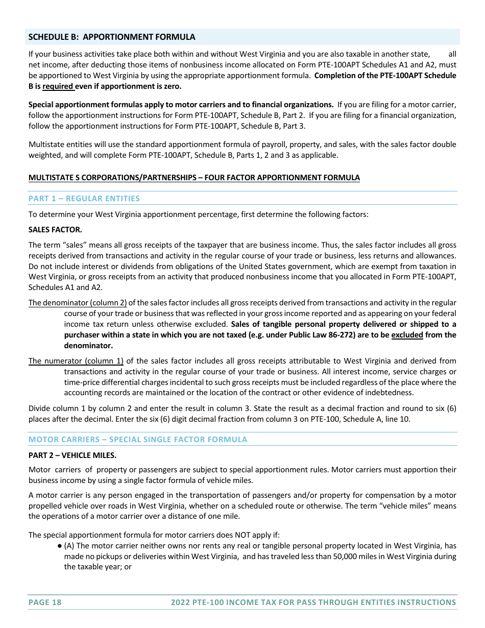 Instructions for Form PTE-100 West Virginia Tax Return - S Corporation  Partnership (Pass-Through Entity) - West Virginia, Page 18