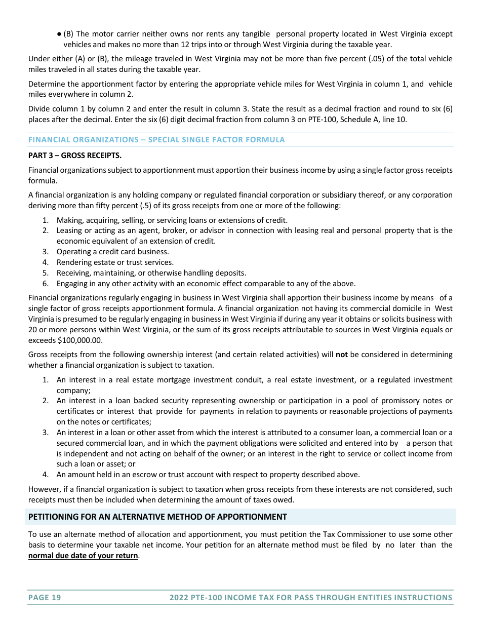 Instructions for Form PTE-100 West Virginia Tax Return - S Corporation  Partnership (Pass-Through Entity) - West Virginia, Page 19