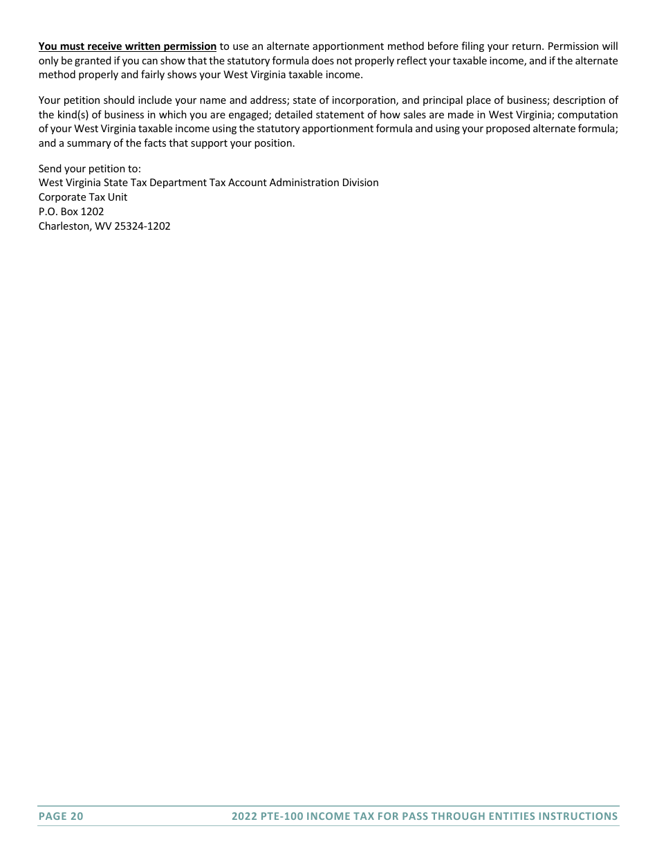 Instructions for Form PTE-100 West Virginia Tax Return - S Corporation  Partnership (Pass-Through Entity) - West Virginia, Page 20