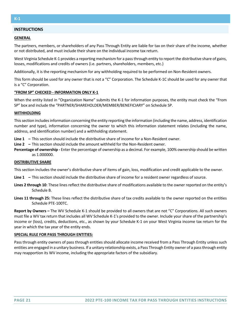 Instructions for Form PTE-100 West Virginia Tax Return - S Corporation  Partnership (Pass-Through Entity) - West Virginia, Page 21