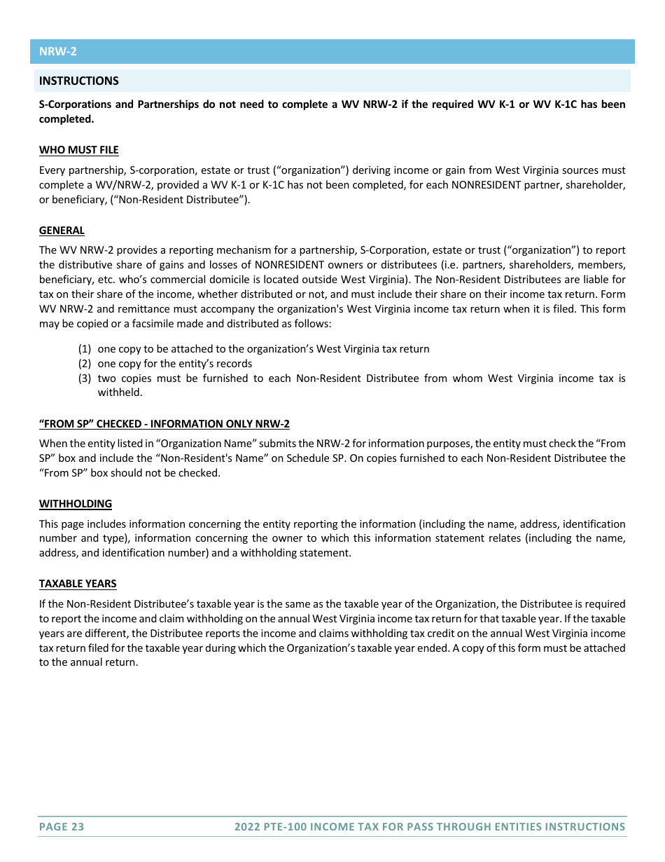 Instructions for Form PTE-100 West Virginia Tax Return - S Corporation  Partnership (Pass-Through Entity) - West Virginia, Page 23