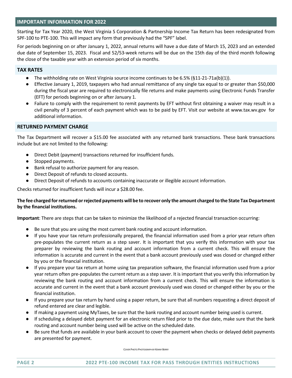 Instructions for Form PTE-100 West Virginia Tax Return - S Corporation  Partnership (Pass-Through Entity) - West Virginia, Page 2