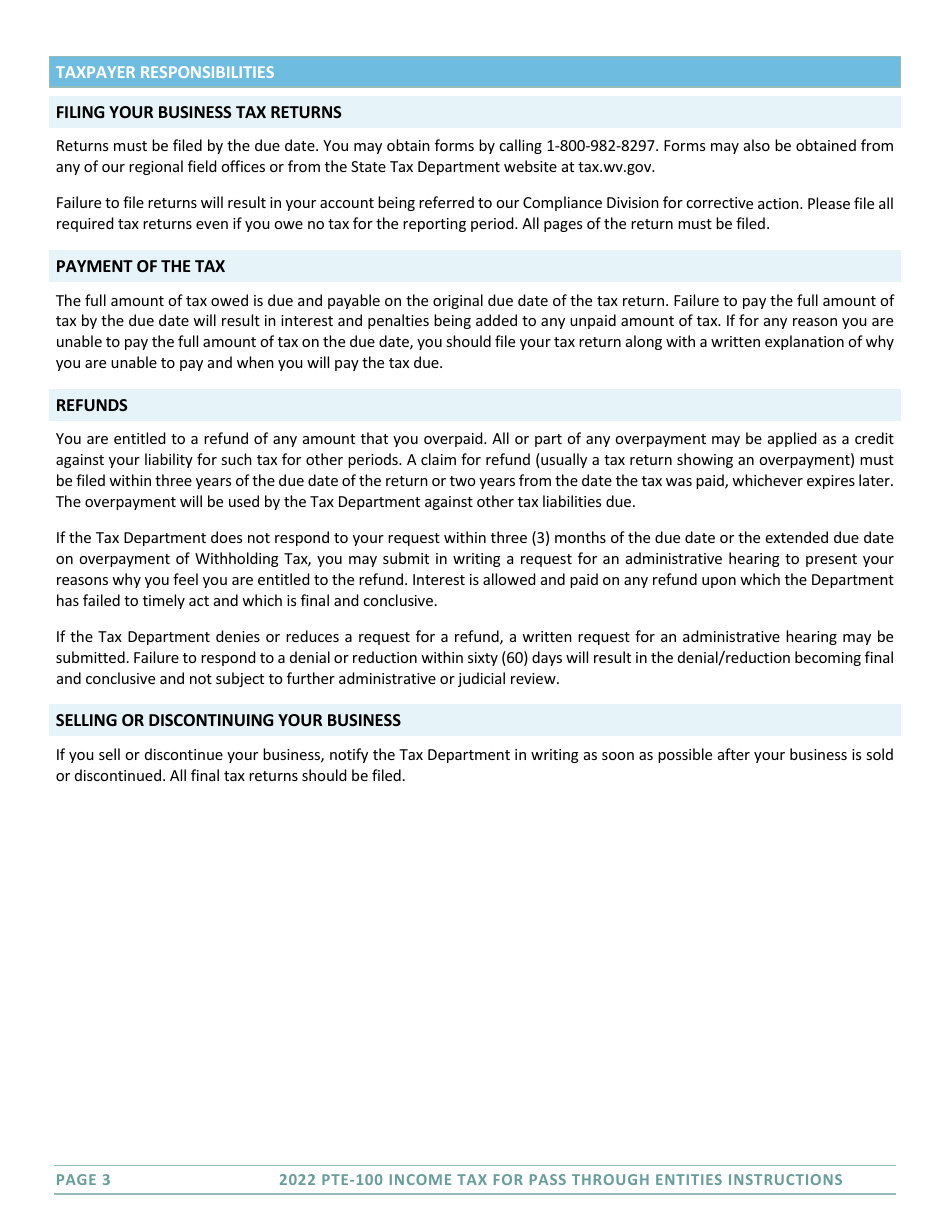Instructions for Form PTE-100 West Virginia Tax Return - S Corporation  Partnership (Pass-Through Entity) - West Virginia, Page 3