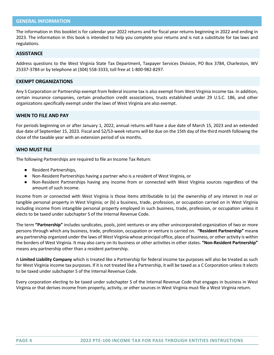 Download Instructions For Form Pte 100 West Virginia Tax Return S Corporation And Partnership 4753