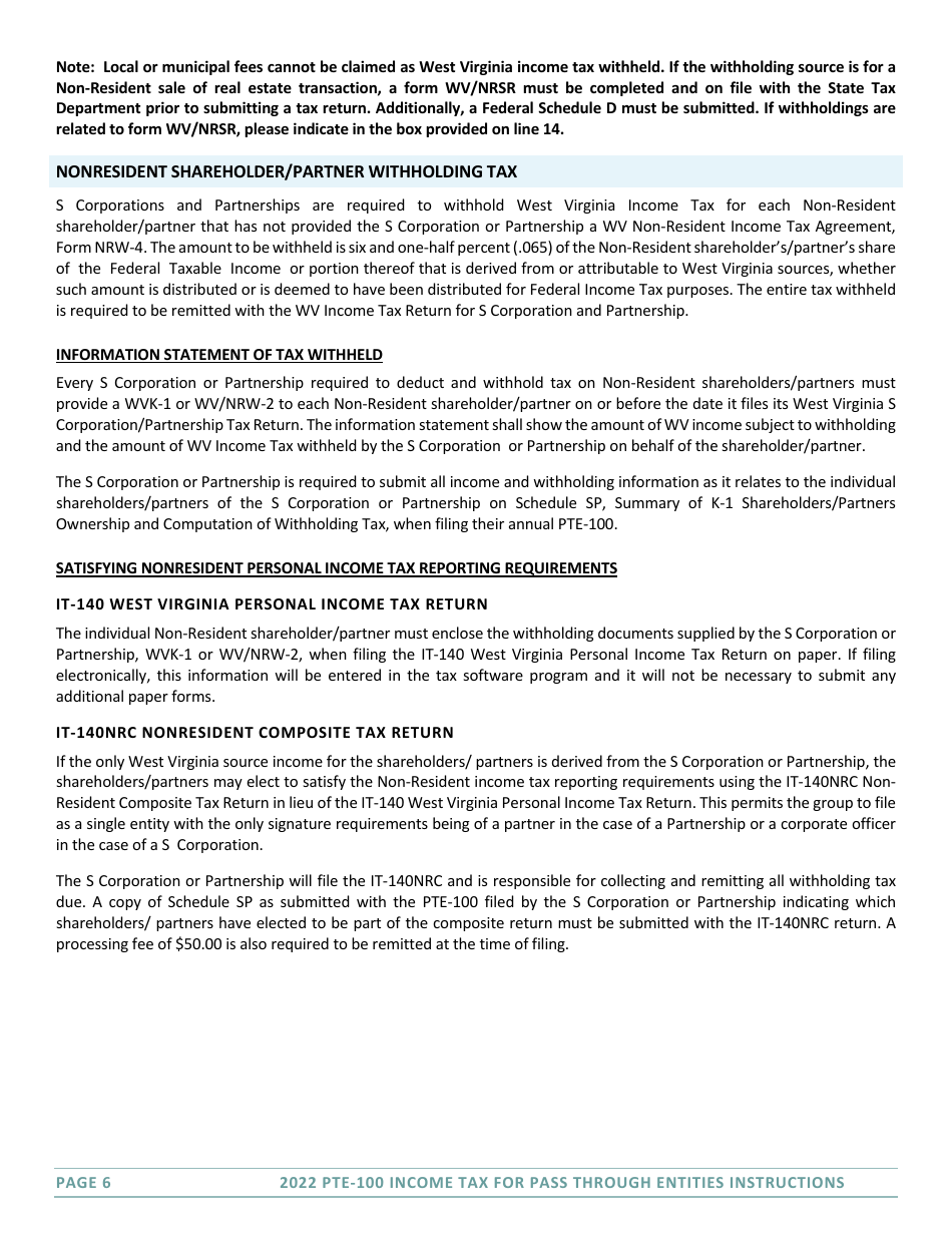 Download Instructions For Form Pte 100 West Virginia Tax Return S Corporation And Partnership 4106