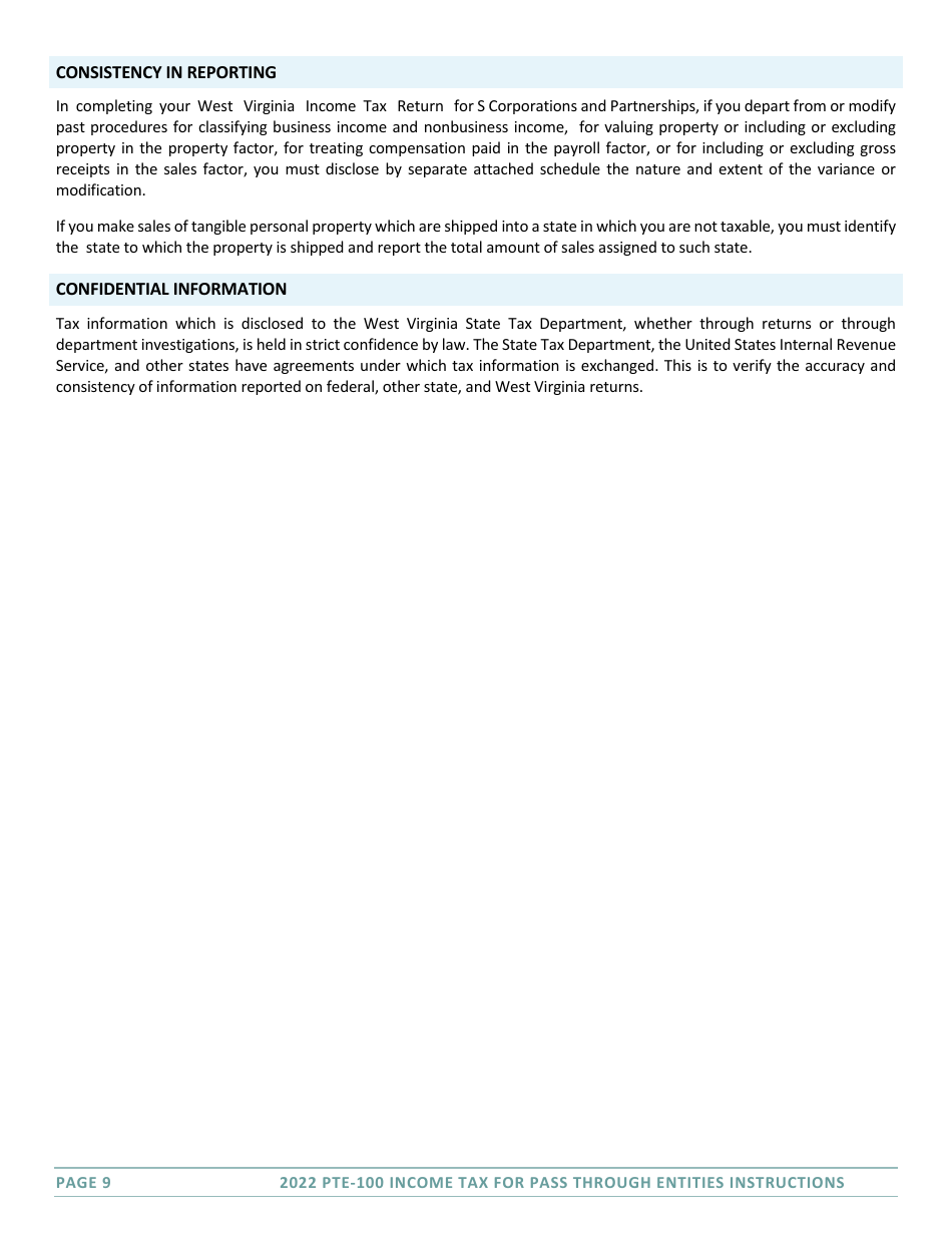 Instructions for Form PTE-100 West Virginia Tax Return - S Corporation  Partnership (Pass-Through Entity) - West Virginia, Page 9