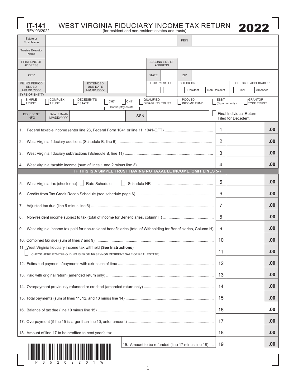 Form IT-141 West Virginia Fiduciary Income Tax Return - West Virginia, Page 1