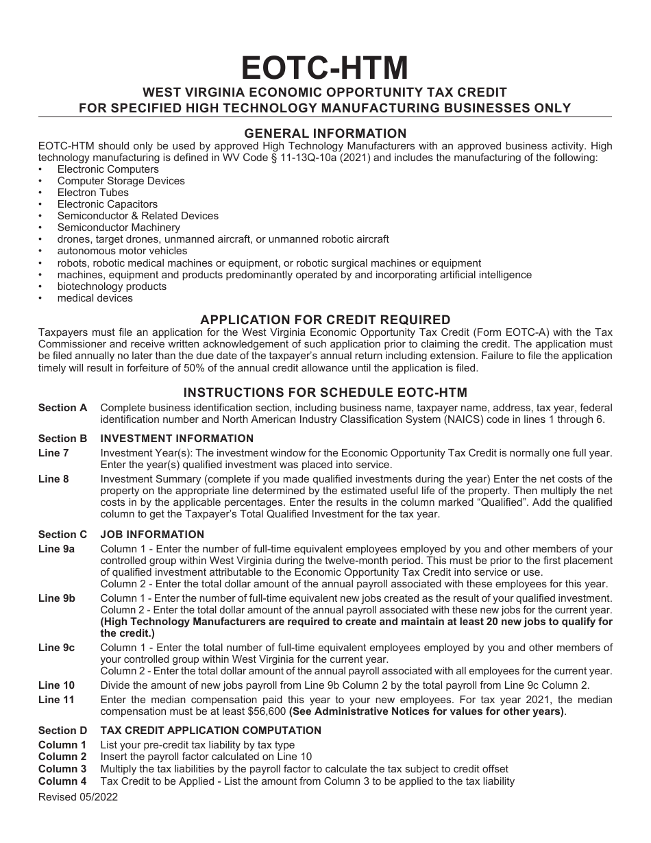 Schedule EOTC-HTM Economic Opportunity Tax Credit for Specified High Technology Manufacturing Businesses Only - West Virginia, Page 3