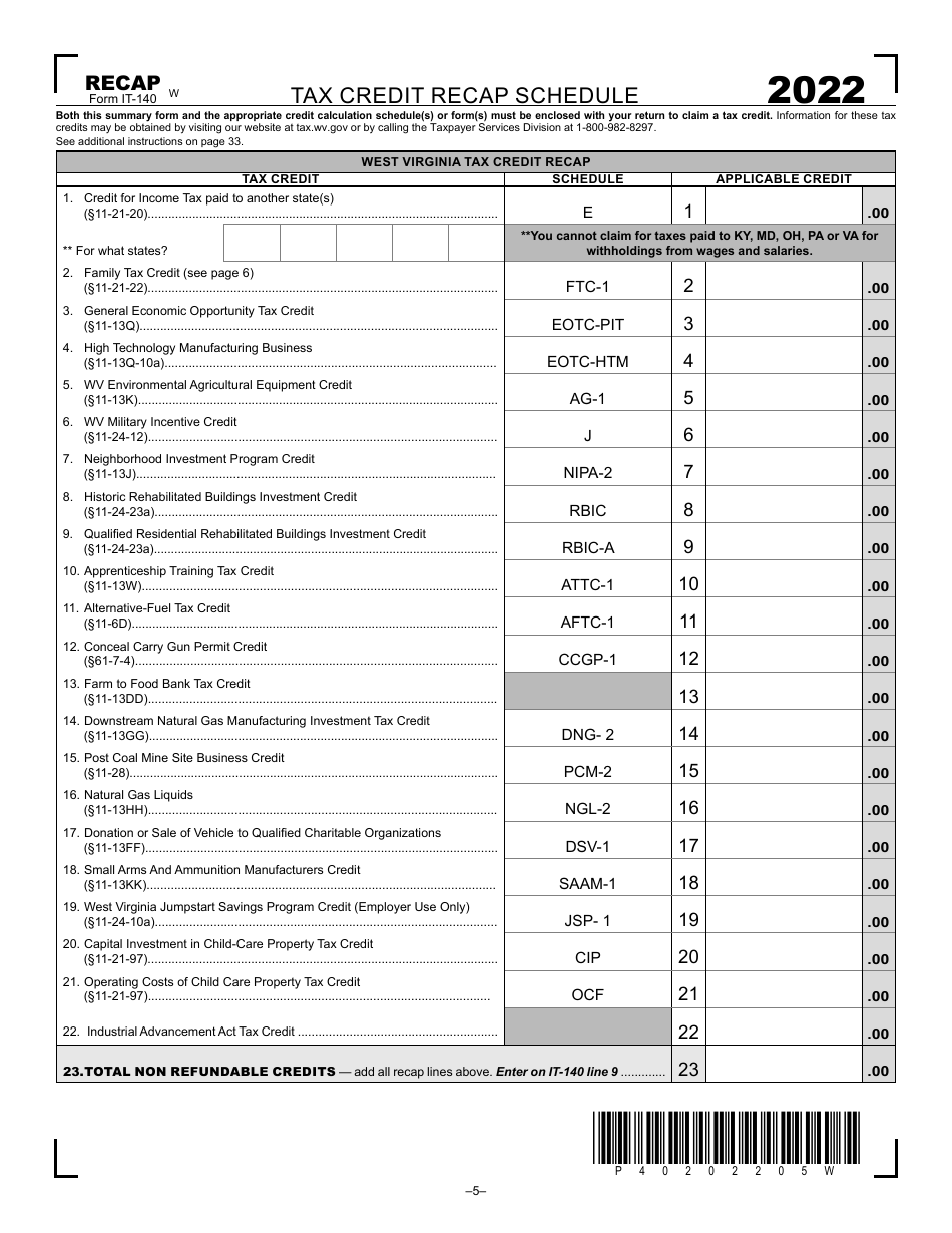 Form IT-140 Schedule RECAP Tax Credit Recap Schedule - West Virginia, Page 1