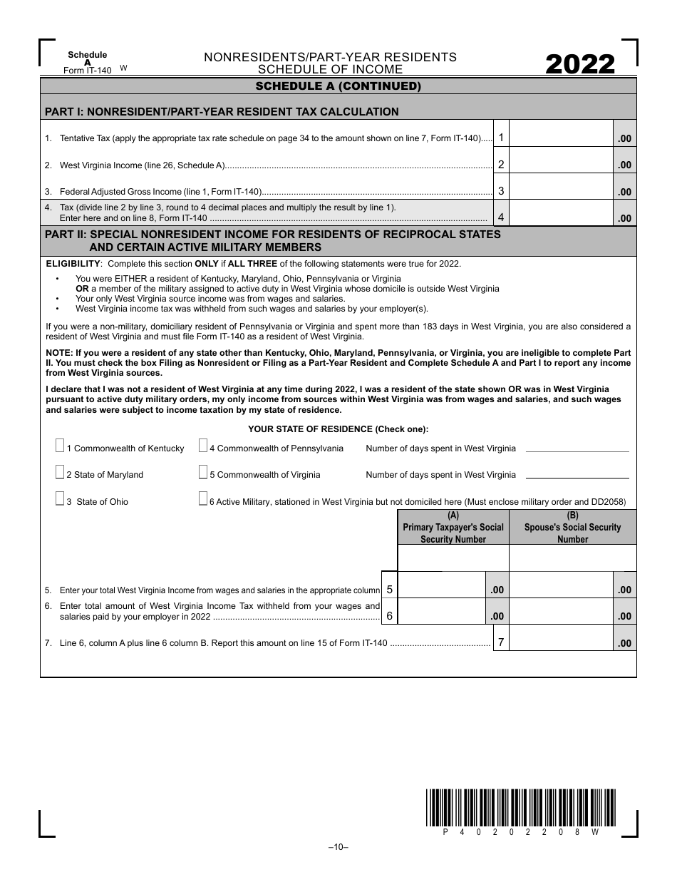 Form IT-140 Schedule A Nonresidents / Part-Year Residents Schedule of Income - West Virginia, Page 2