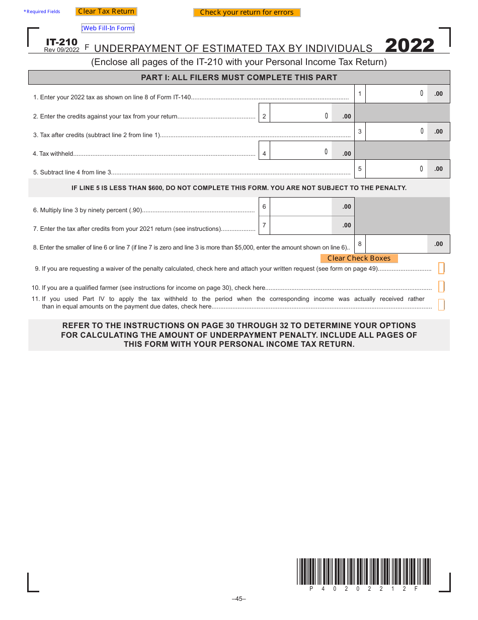 Form IT-210 Underpayment of Estimated Tax by Individuals - West Virginia, Page 1