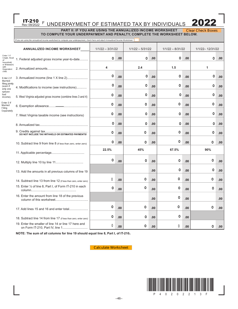 Form IT-210 Underpayment of Estimated Tax by Individuals - West Virginia, Page 2