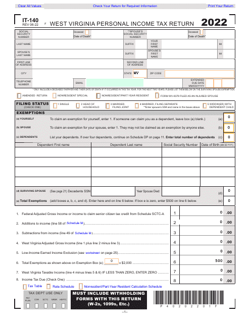 Form IT-140 West Virginia Personal Income Tax Return - West Virginia, 2022