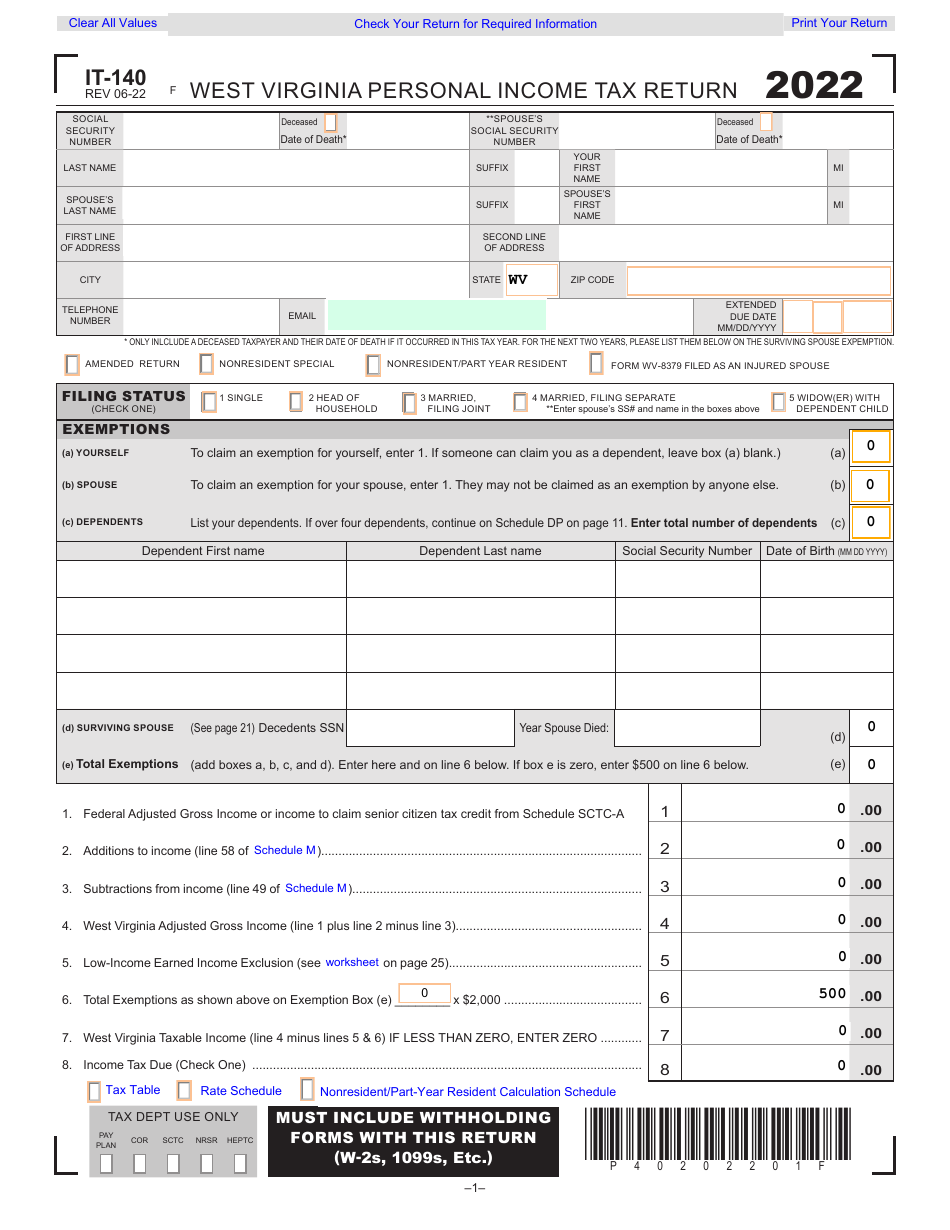 Form IT-140 West Virginia Personal Income Tax Return - West Virginia, Page 1