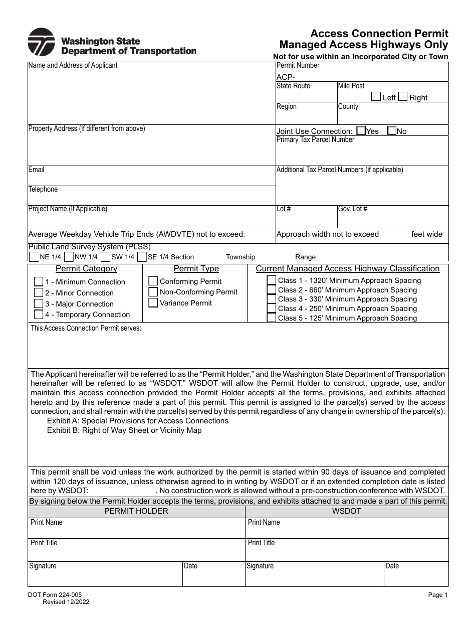 DOT Form 224-005 Access Connection Permit Managed Access Highways Only - Washington, Page 1