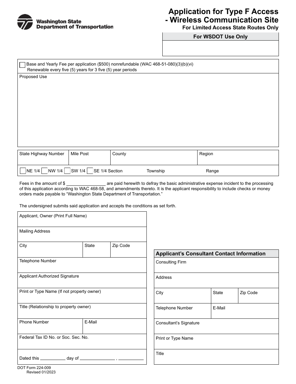 DOT Form 224-009 Application for Type F Access - Wireless Communication Site for Limited Access State Routes Only - Washington, Page 1