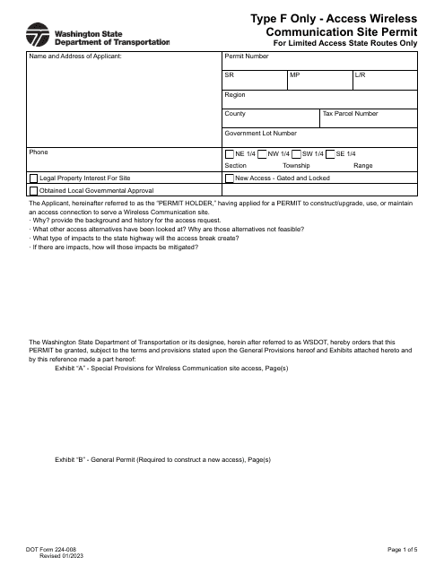 DOT Form 224-008 Type F Only - Access Wireless Communication Site Permit for Limited Access State Routes Only - Washington