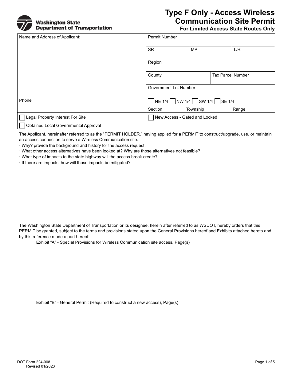 DOT Form 224-008 Type F Only - Access Wireless Communication Site Permit for Limited Access State Routes Only - Washington, Page 1