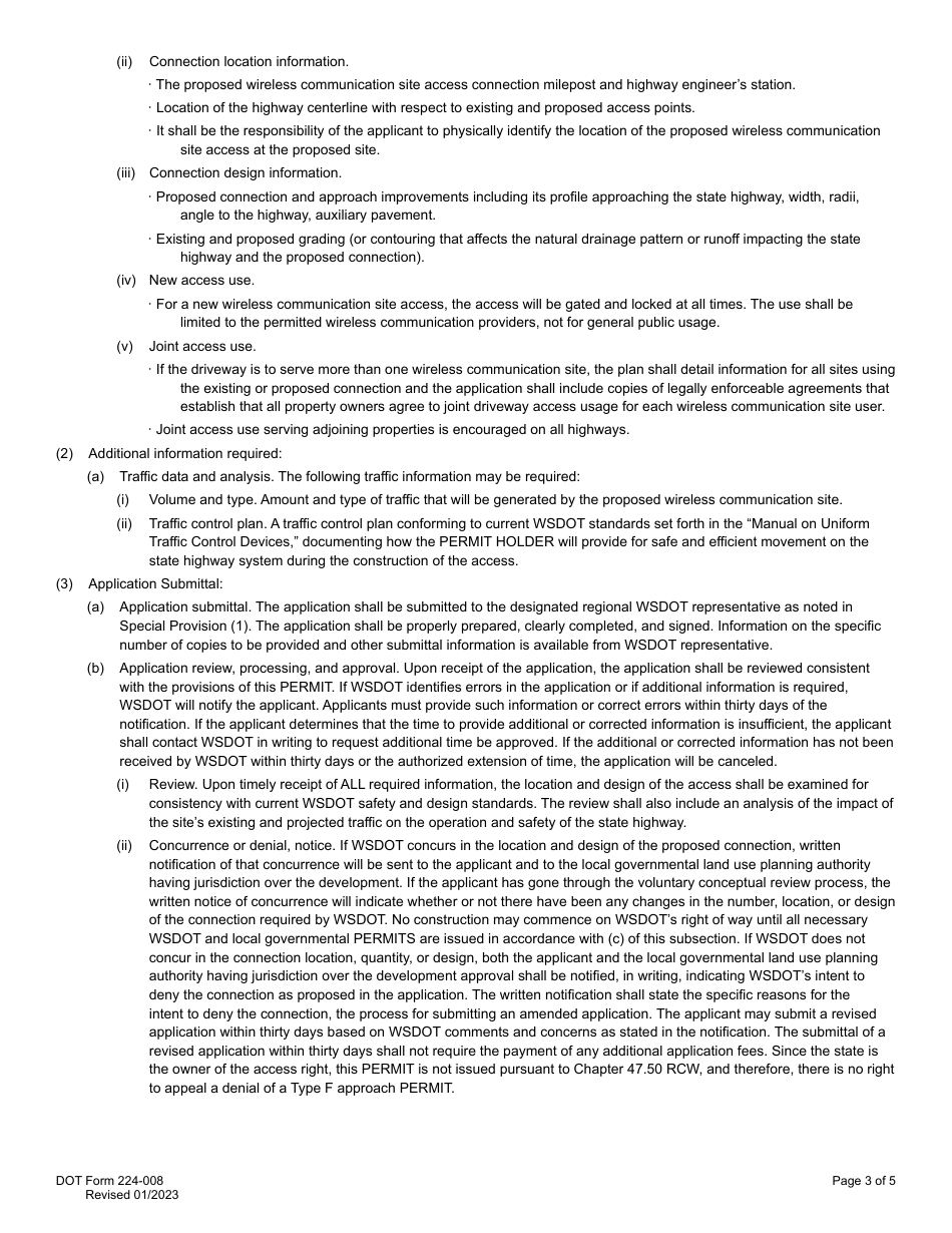 DOT Form 224-008 Type F Only - Access Wireless Communication Site Permit for Limited Access State Routes Only - Washington, Page 3