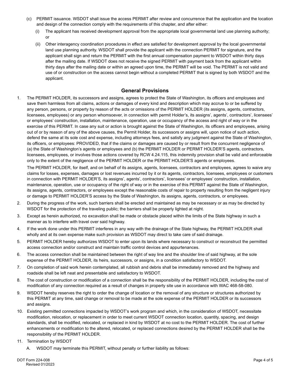 DOT Form 224-008 Type F Only - Access Wireless Communication Site Permit for Limited Access State Routes Only - Washington, Page 4